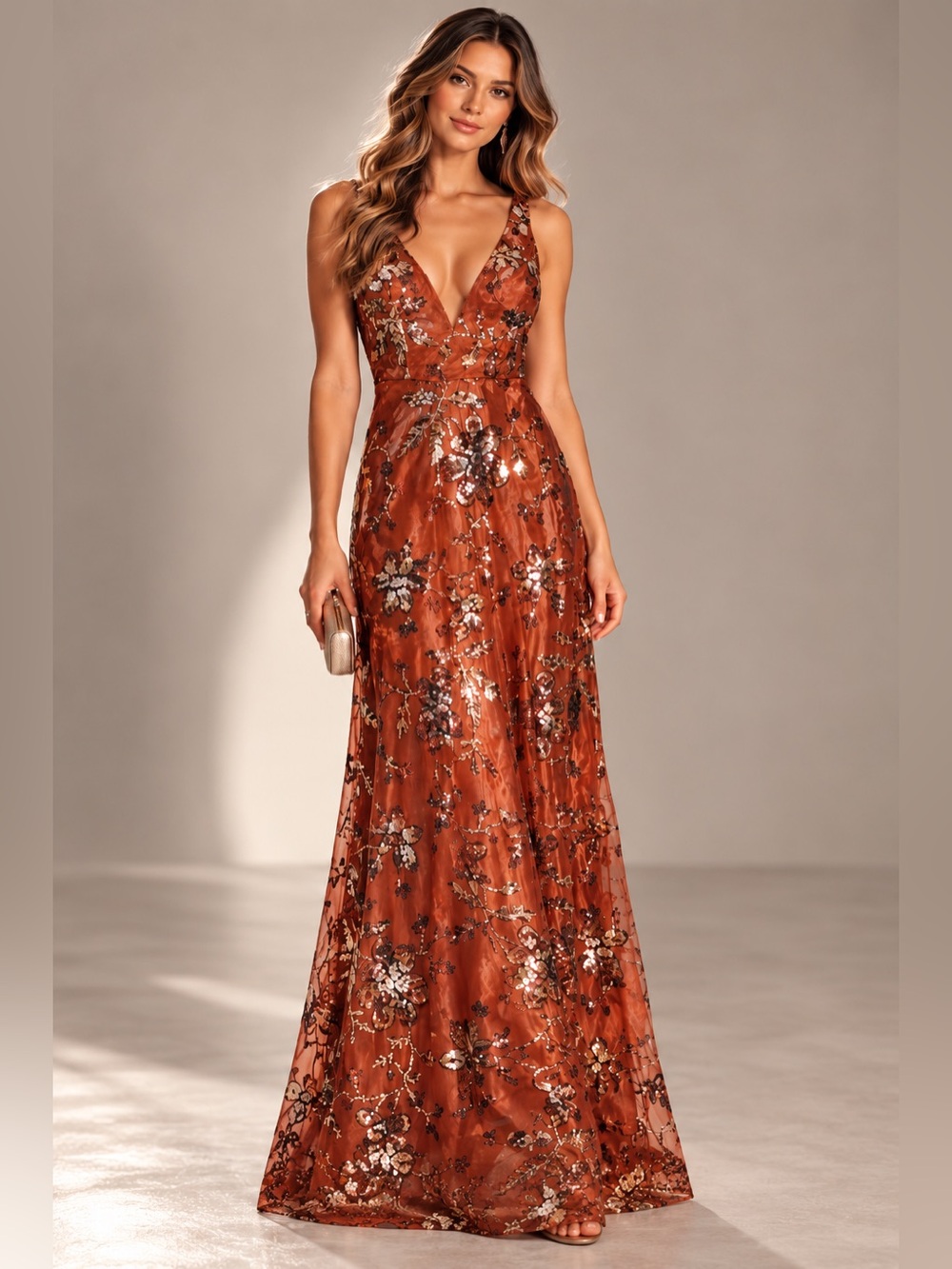 NWT Ricarica Luxe Copper Botanical Sequin Embroidered Evening Gown M ,S